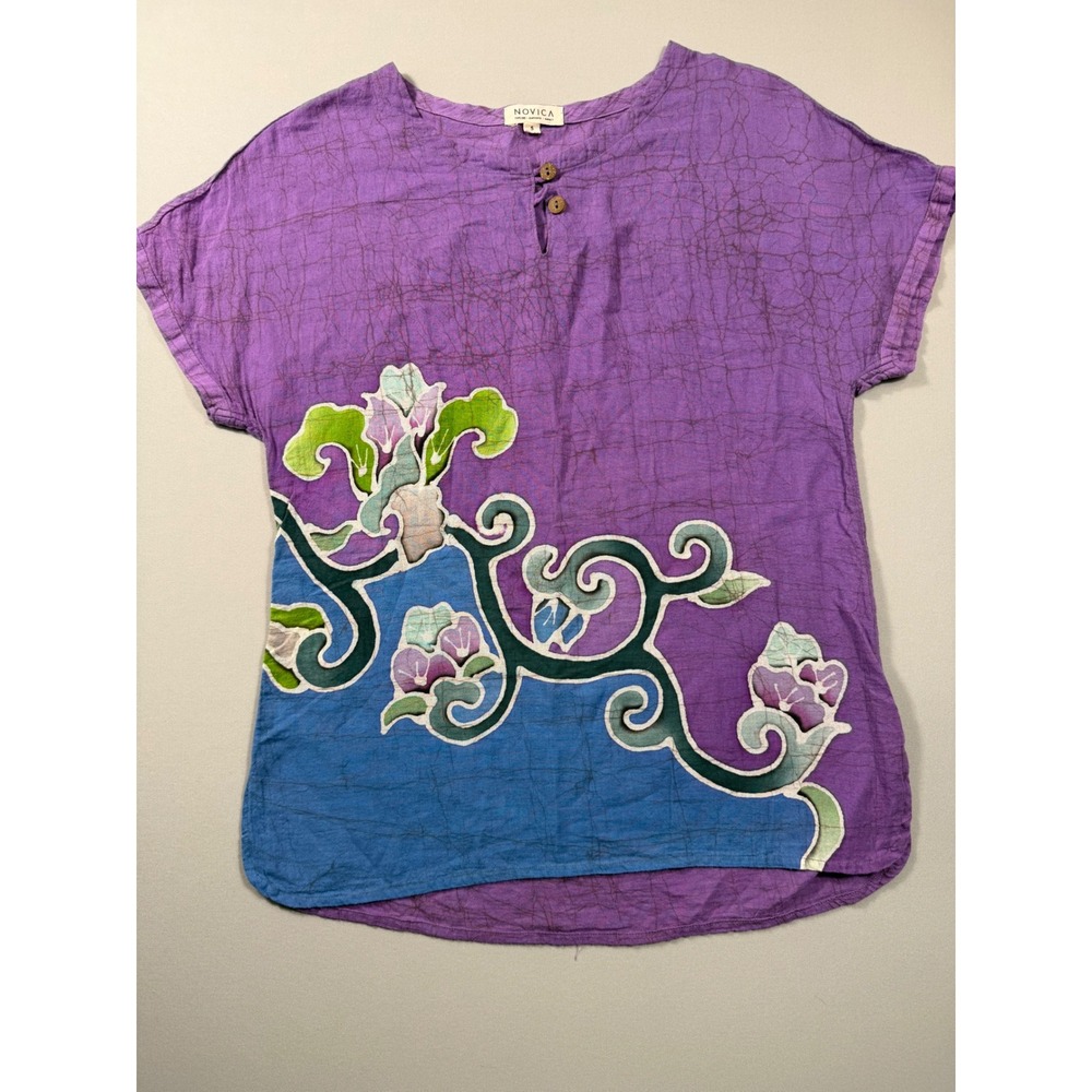 Novica Purple Blue Batik Cotton Floral Blouse Artisan Top Small